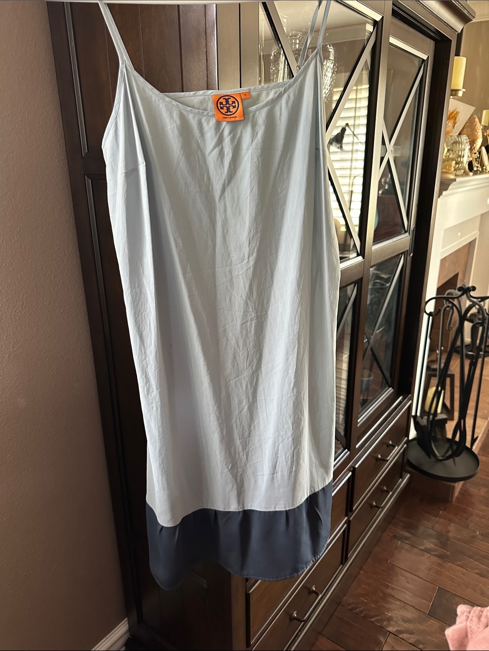 Tory Burch Light Blue Midi Slip Skirt with Navy Hem